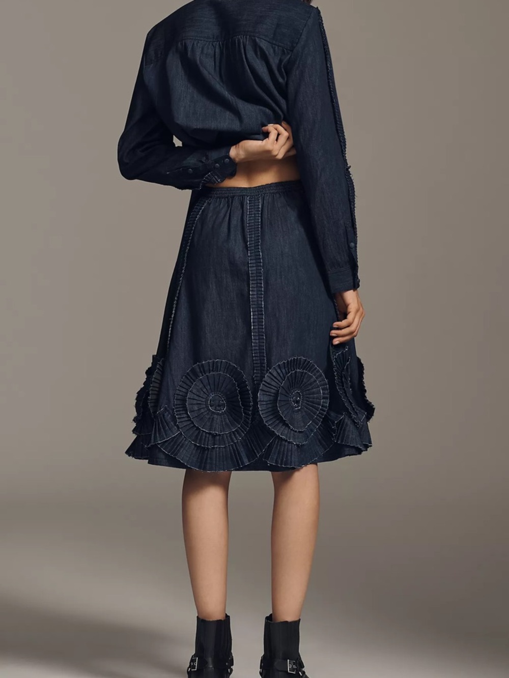 NWT Size 4 - Anthropologie Cotton Pleated Appliqué Denim Midi Skirt (NWT US$198)